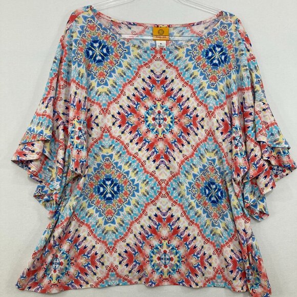 Ruby Rd. size XL Red Blue Artsy Boho Print Flare Sleeve Stretch Knit Relaxed Top - Picture 1 of 8